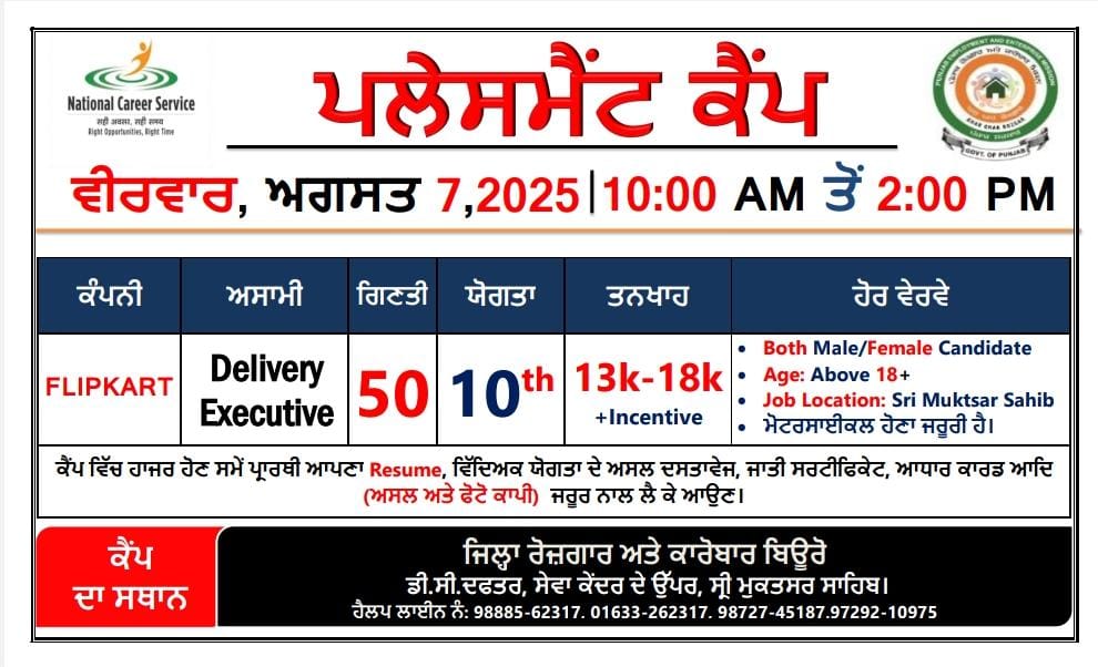 ਜ਼ਿਲ੍ਹਾ ਰੋਜ਼ਗਾਰ ਅਤੇ ਕਾਰੋਬਾਰ ਬਿਊਰੋ ਵਿਖੇ ਪਲੇਸਮੈਂਟ ਕੈਂਪ 07 ਅਗਸਤ ਨੂੰ