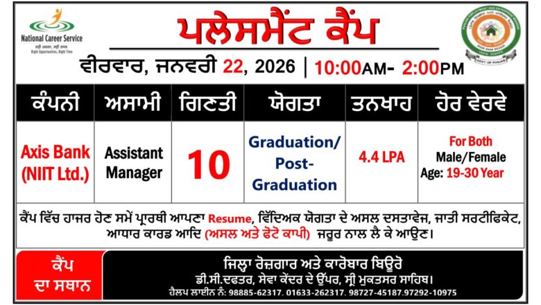 ਜ਼ਿਲ੍ਹਾ ਰੋਜ਼ਗਾਰ ਅਤੇ ਕਾਰੋਬਾਰ ਬਿਊਰੋ ਵਿਖੇ 22 ਜਨਵਰੀ ਨੂੰ ਲਗਾਇਆ ਜਾ ਰਿਹਾ ਹੈ ਪਲੇਸਮੈਂਟ ਕੈਂਪ